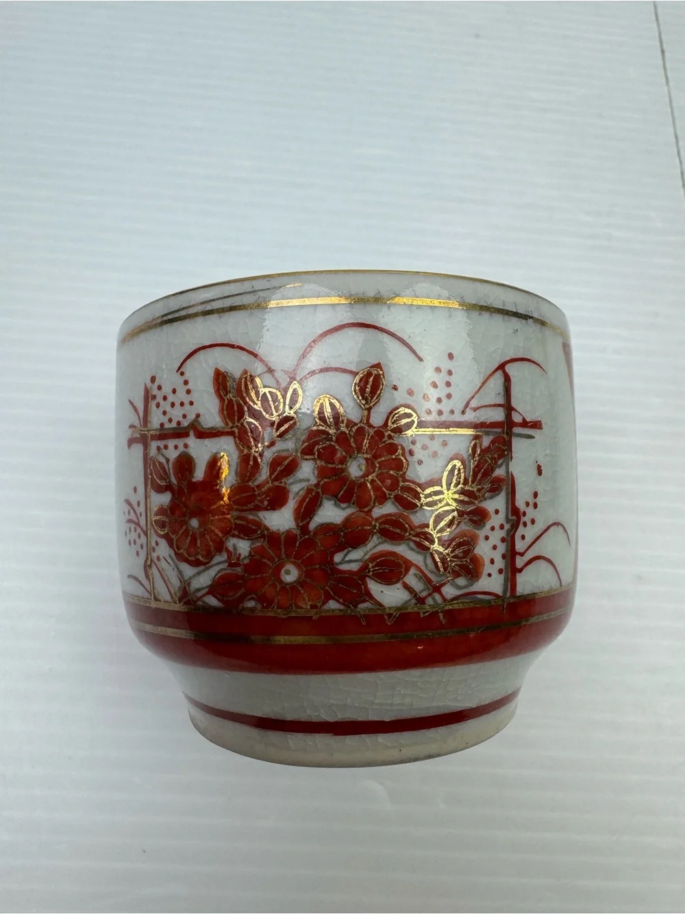 VTG Japanese Satsuma Sake Tea Cups Set Of 5 Red Gold Floral Crackle Glaze Marked